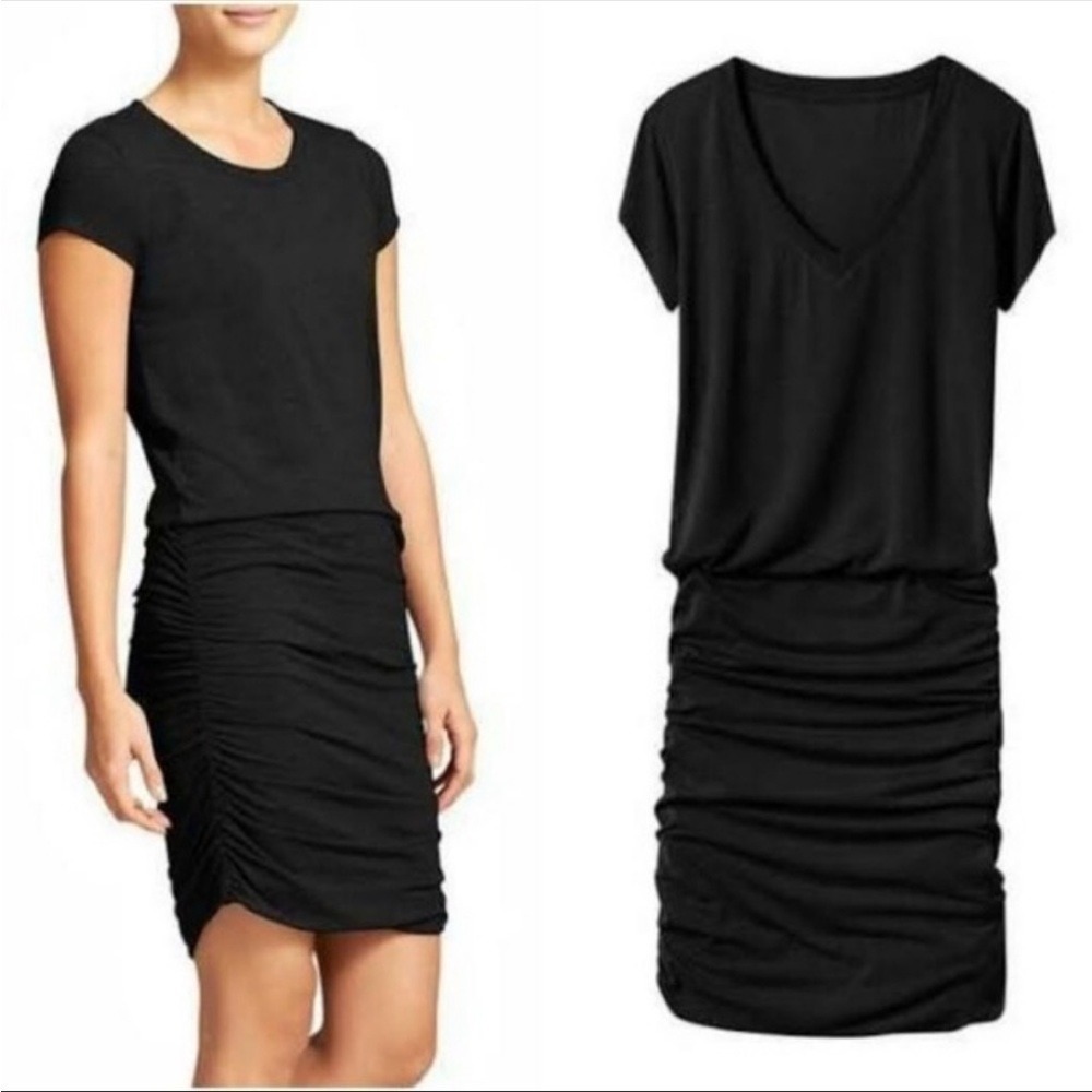 Athleta Womens Black Ruched Minimalist T-Shirt Mini Dress SIze S Casual Sporty‎